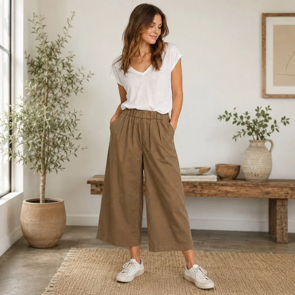 Throwing Tiny Fits Khaki Cotton Culotte Pants Wide Leg Cropped Elastic Waist M/L - Picture 1 of 8